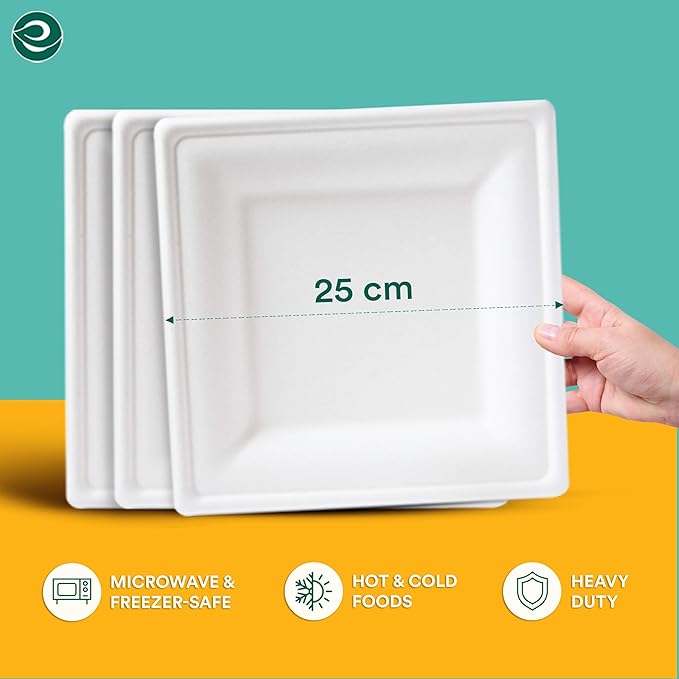 ECO SOUL 10 Inch Disposable Bagasse Paper Plates (200 Pack, Square)