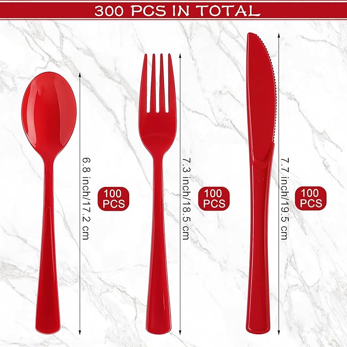 Kochorie 300 Pieces Red Plastic Silverware, Heavy Duty Plastic Cutlery Set