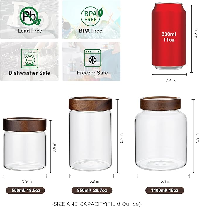 piconesper 1PC Small Glass Storage Jars with Airtight Lids, 18 fl oz (550ml) coffee container with Wooden Lid, Glass Pantry Canister for Beans, Rice, Sugar and etc