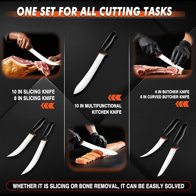 TIVOLI Butcher Knife Set 6 pcs - Game Processing Knife Set 7" Sharpener Rod