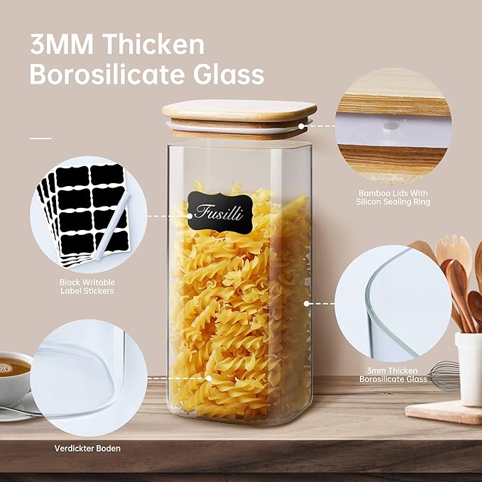 53 oz Square Glass Food Storage Containers with Airtight Bamboo Lids, 4Pack