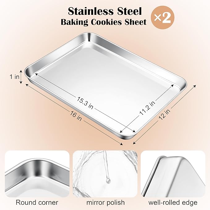 E-far Stainless Steel Baking Sheet Set of 2, 16” x12” x 1” Cookie Sheet Pan