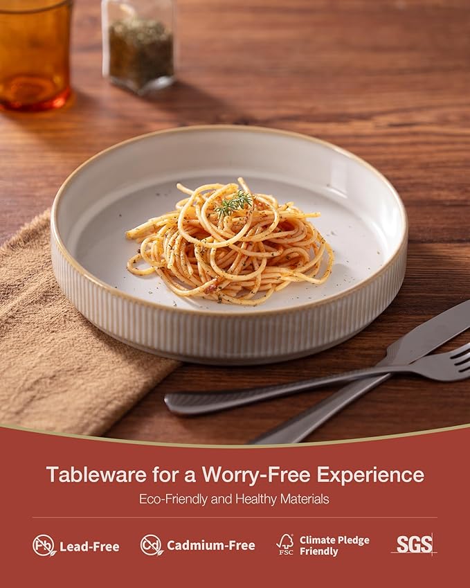 famiware Star 8.25" Pasta Bowls Set of 4, Bowl Plates, Cappuccino White