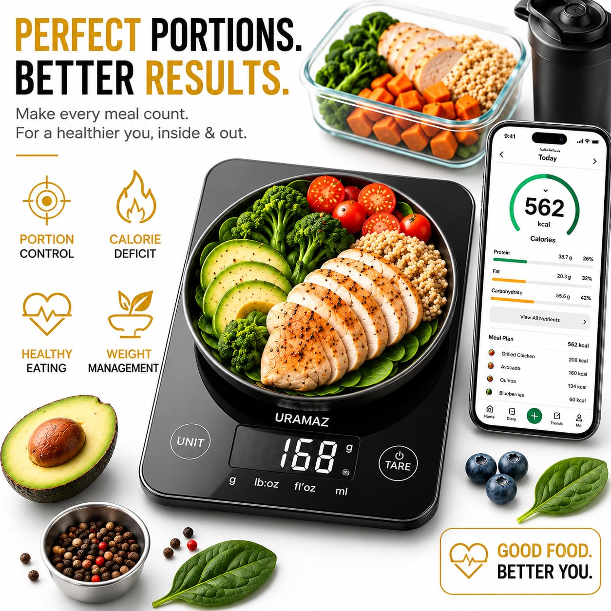 URAMAZ Smart Food Scale with Nutritional Calculator, Digital Kitchen Scale with Bluetooth App for Weight Loss, Food Weight Scale for Diet, Keto, Macro, Calories Counting, Tracking, 11lb