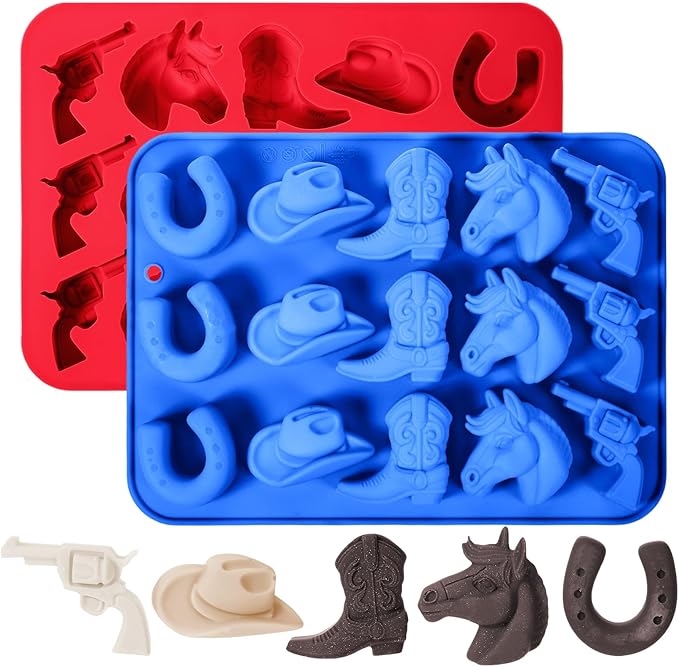 2 PCS Cowboy Chocolate Molds, Cowboy Hat, Boots, Saddle Shaped Cakesicle Molds Silicone, Western Party Theme, For Cupcakes, Cake Pops, Jellies, Chocolates, Candies(Blue,Red)