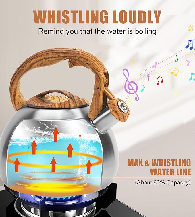 Foedo 3.2Qt Stainless Steel Whistling Tea Kettle Stovetop, Silver