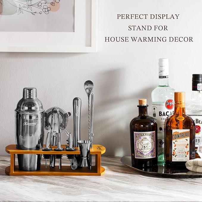 KITESSENSU Cocktail Shaker Set Bartender Kit with Stand | Bar Set Drink Mixer Set with All Essential Bar Accessory Tools: Martini Shaker, Jigger, Strainer, Mixer Spoon, Muddler, Liquor Pourers | Black