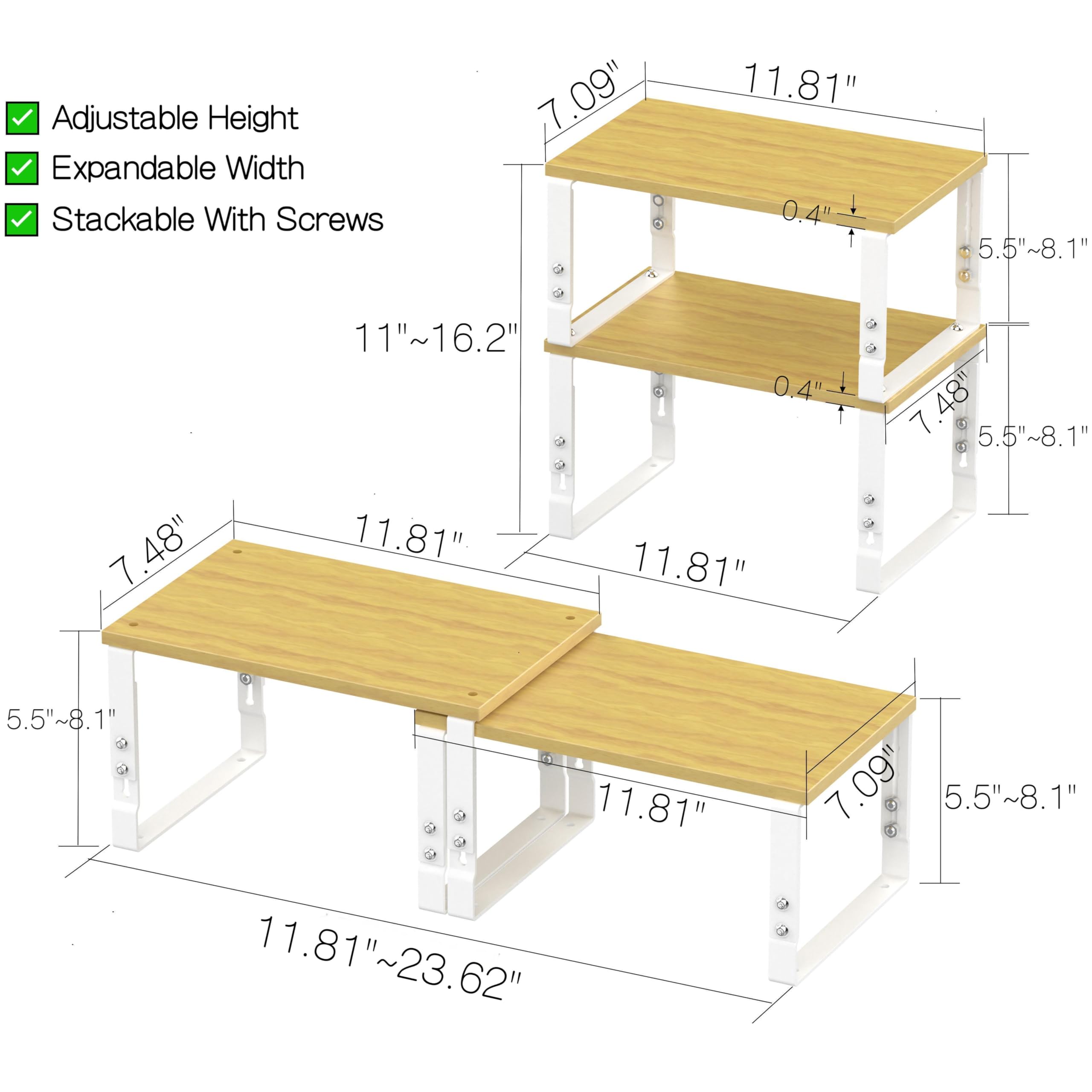 Adjustable Storage Shelves for Kitchen Cabinet Organization - Set of 2 Stackable Metal & Solid Wood Racks, Space-Saving Design for Countertop/Pantry/Garage, Easy Assembly(2 Packs/Medium/White)