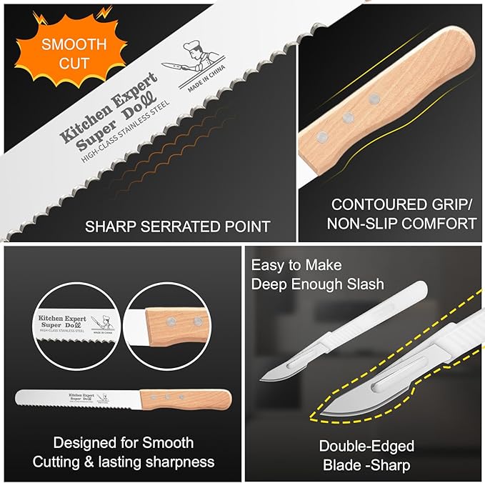 LenDLY 2-Pack Bread Knife & Bread Lame Set: 10" Premium Stainless Steel Serrated Knives Blade with Wood Handle for Homemade Bread, Sourdough Tomato, Bagel + Dough Scoring Tool for Razor Sharp Carving
