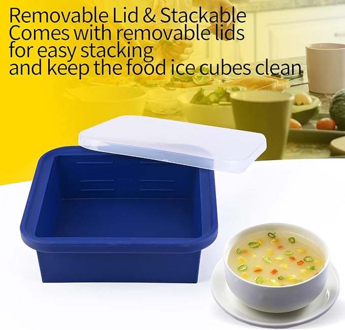 Kinggrand Kitchen 4 Cup Silicone Freezer Tray with Lid 1 Pack Silicone Soup Freezer Molds Easy Release Molds for Food Storage & Freeze Soup, Broth, Stew or Sauce
