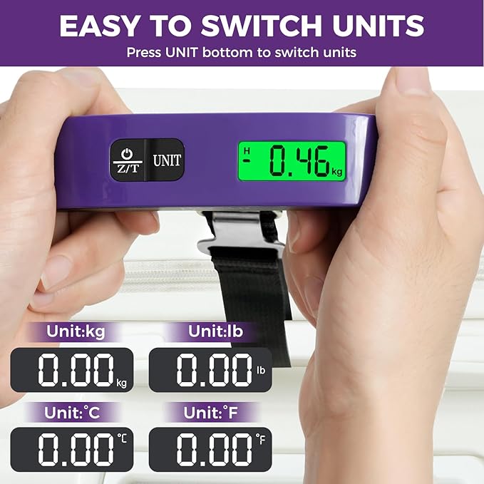 BAGAIL Digital Luggage Scale, 110lbs Hanging Baggage Scale with Backlit LCD Display,Portable Suitcase Weighing Scale,Travel Luggage Weight Scale with Hook,Strong Straps for Travelers(Purple)