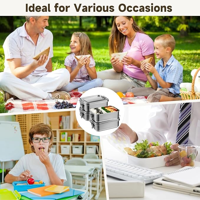 Tideme 4 PCS Bento Boxes, 850 ML Stainless Steel Lunch Boxes, Food Storage Containers, Portable Metal Lunch Containers, Lockable Clips to Leak Proof, Reusable Dishwasher Safe Lunch Snack Boxes