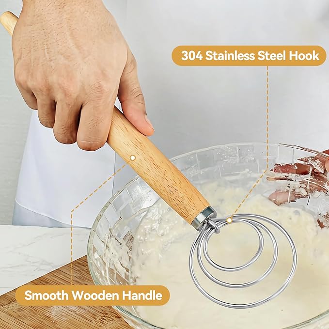 ANMIOU Danish Dough Whisk Dutch Bread Mixer Stainless Steel Hook Wooden Handle Baking Tools for Sourdough Pizza Pastry Cake Batter Making