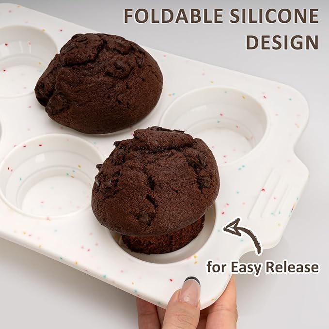 2 Pack Silicone Muffin Pan - Non Stick Collapsible Metal-Reinforced Frame Cupcake Pan with Handles 6 Cup Regular, BPA Free Cupcake and Medium Muffin Tray, Baking Pan Molds for Oven Dishwasher Safe