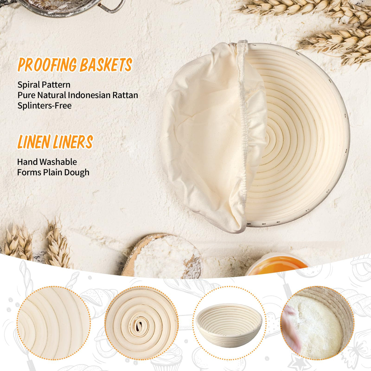 Banneton Bread Proofing Basket Set of 2, Rattan Proofing Baskets for Sourdough Bread | Banneton Bowls with Linen Liners | Natural Rattan Dough Rising Baskets for Artisan Homemade Bread Baking