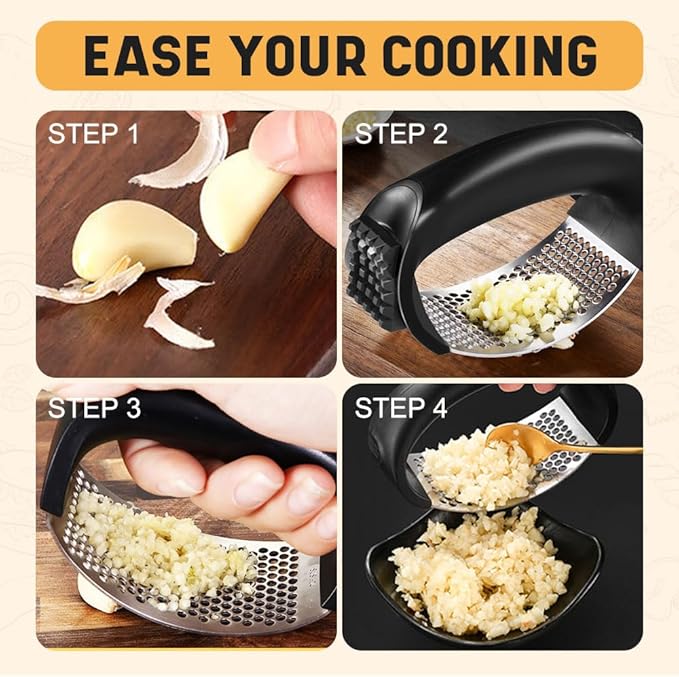 Stainless Steel Garlic Press Rocker, 2025 New Garlic Mincer and Garlic Crusher, Easy-Squeeze Garlic Tool with Peeler and Cleaning Brush for Smashing Garlic (1 Set)