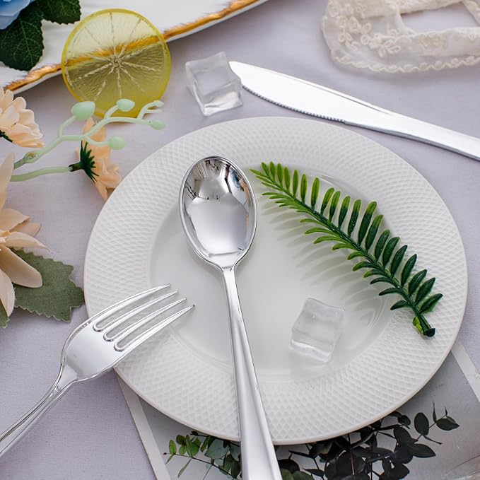 WDF 500PCS Silver Plastic Silverware - Plastic Silver Utensils - 250 Forks 125 Spoons 125 Knives - Heavy Duty Disposable Silverware Sets for Party Baby Shower Wedding Spring