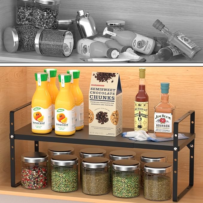KIKIBRO Expandable Cabinet Shelf Organizer, Stackable Kitchen Pantry Counter Storage, Adjustable Closet Cupboard Stand Rack Risers Spice Organization 80LBS Heavy Duty Black Large 1 Pack