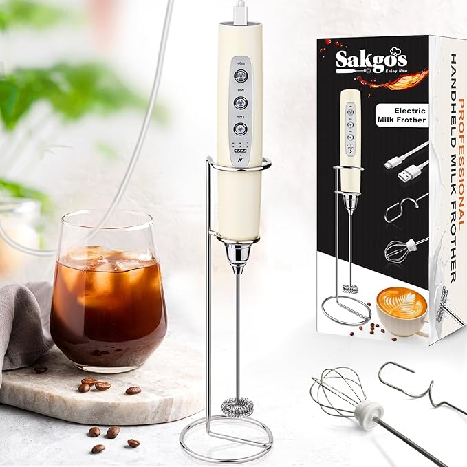 Milk Frother Wand Rechargeable Handheld Electric Whisk 3 Speed Adjustable