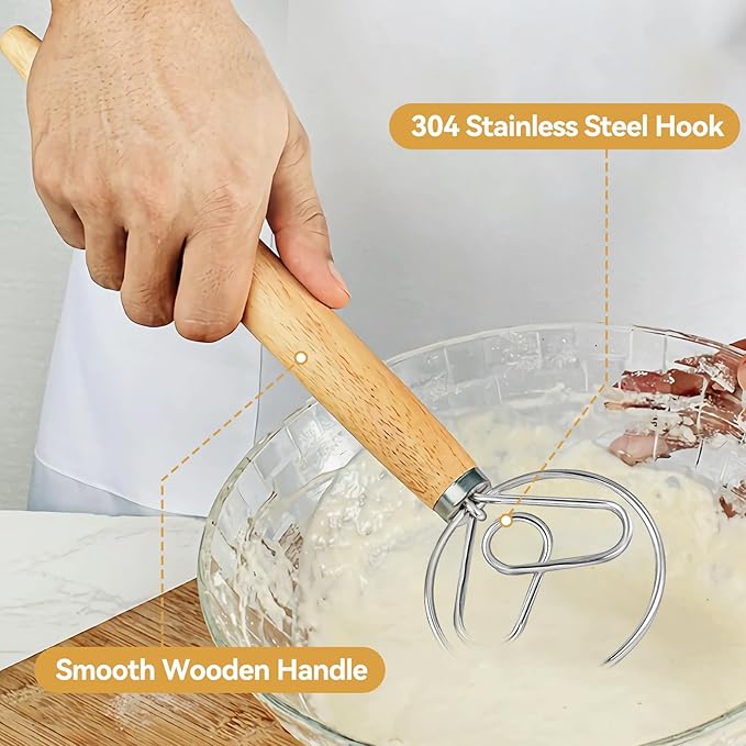 ANMIOU Danish Dough Whisk Dutch Bread Mixer Stainless Steel Hook Wooden Handle Baking Tools for Sourdough Pizza Pastry Cake Batter Making