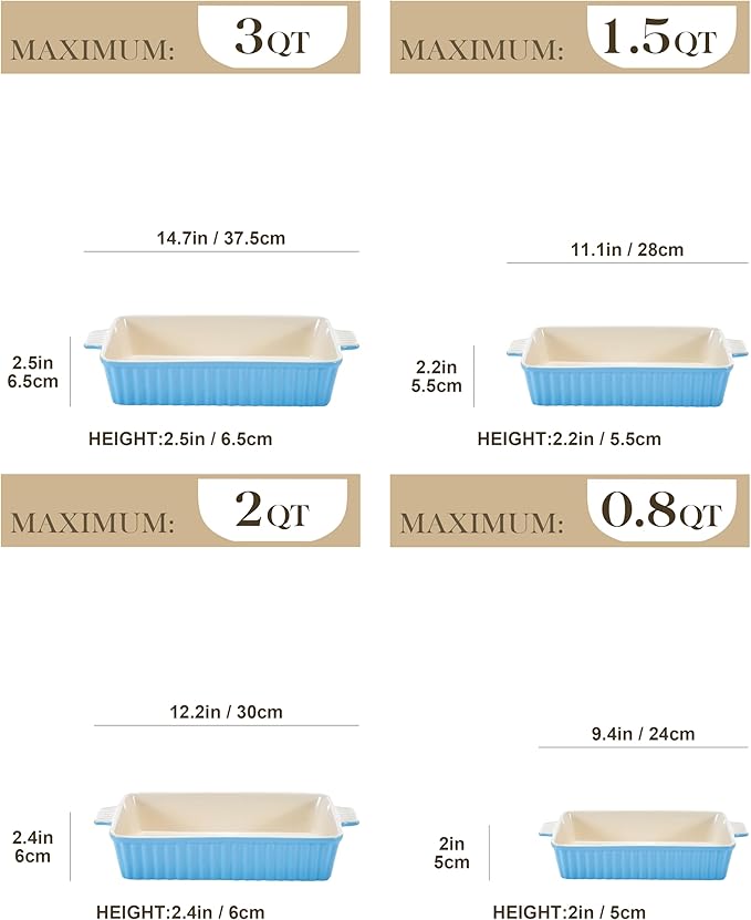 MALACASA Casserole Dishes for Oven, Ceramic Bakeware Set of 4, Blue