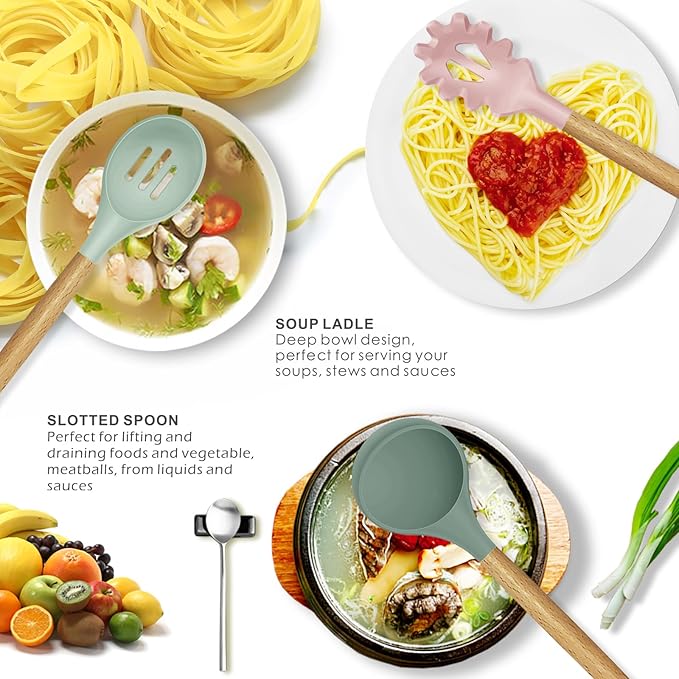 oannao Silicone Cooking Utensils Set - 446°F Heat Resistant Silicone Kitchen Utensils for Cooking,Kitchen Utensil Spatula Set w Wooden Handles, BPA FREE Gadgets for Non-Stick Cookware (Colorful)