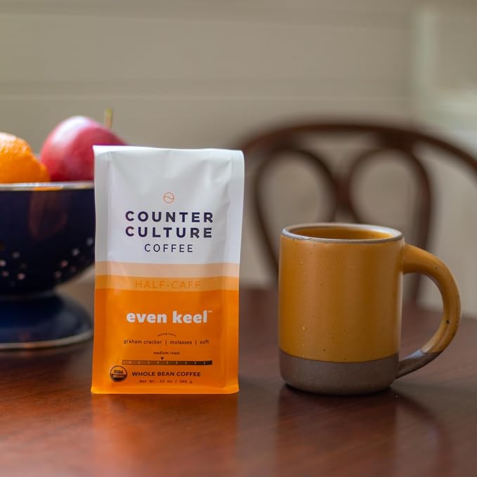 Counter Culture Whole Bean Organic Coffee Half-Caff (Even Keel - Light Roast) Graham Cracker & Molasses - Sustainably Sourced - B Corp - Organic Coffee Beans - Kosher, Gluten Free, Nut Free - 12oz Bag