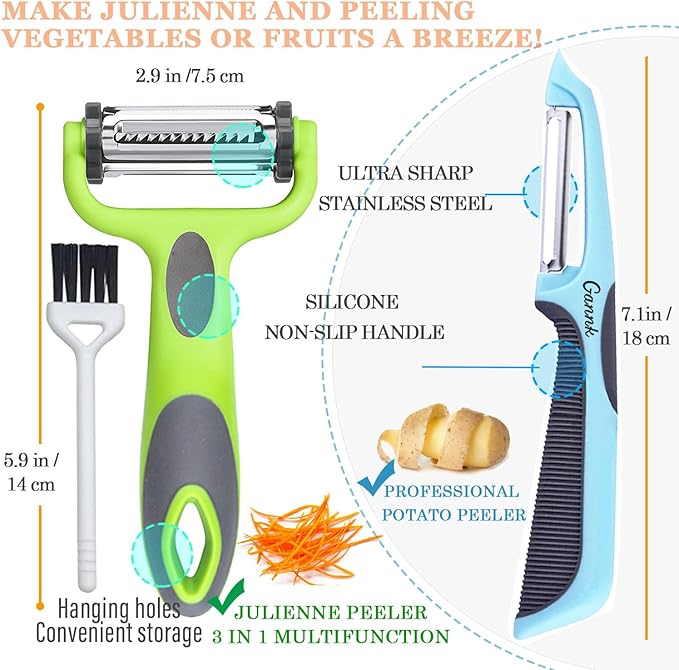 GANNK Potato Apple Vegetable Peelers for Kitchen, I and Y Peelers for Fruit Veggie Potatoes Carrot Cucumber, 3 in 1 Blade Spin Design With Julienne Multifunctional