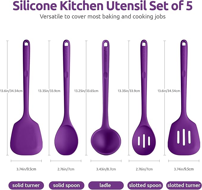 U-Taste Silicone Kitchen Cooking Utensil Set of 5, 13.6" Long, Purple