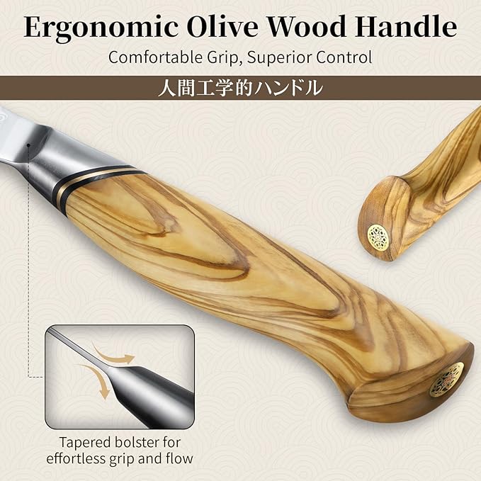 TIVOLI Damascus VG10 Serrated Bread Knife with Olive Wood Handle, Gift Box