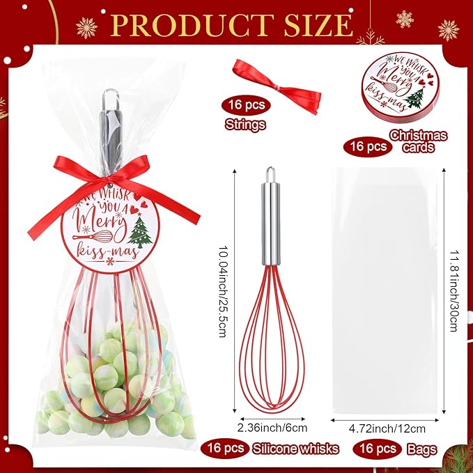 FoldTier 16 Sets 10 Inch Christmas Whisks Gifts DIY Fillable Christmas Tree Ornaments Xmas Colored Silicone Whisks for Cooking Heat Resistant Egg Beaters with Card Rope Bag for Candy Holder