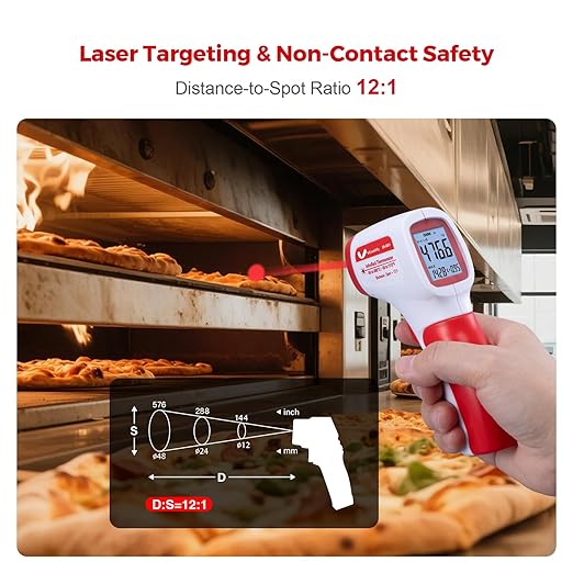VCooklify Infrared Thermometer for Meat,Laser Temperature Gun,-58~1112°F,DS 12:1 Digital IR Temp Gun with Adjustable Emissivity&High/Low Alarm,LCD Display Thermal Gun for Food Oven Cooking HVAC