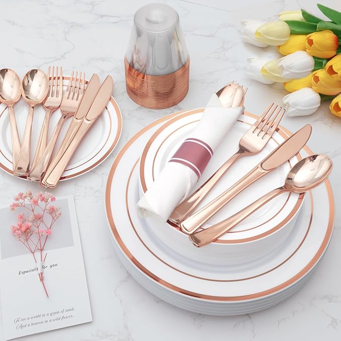 Goodluck 350 Piece Rose Gold Plastic Dinnerware Set for 50 Guests