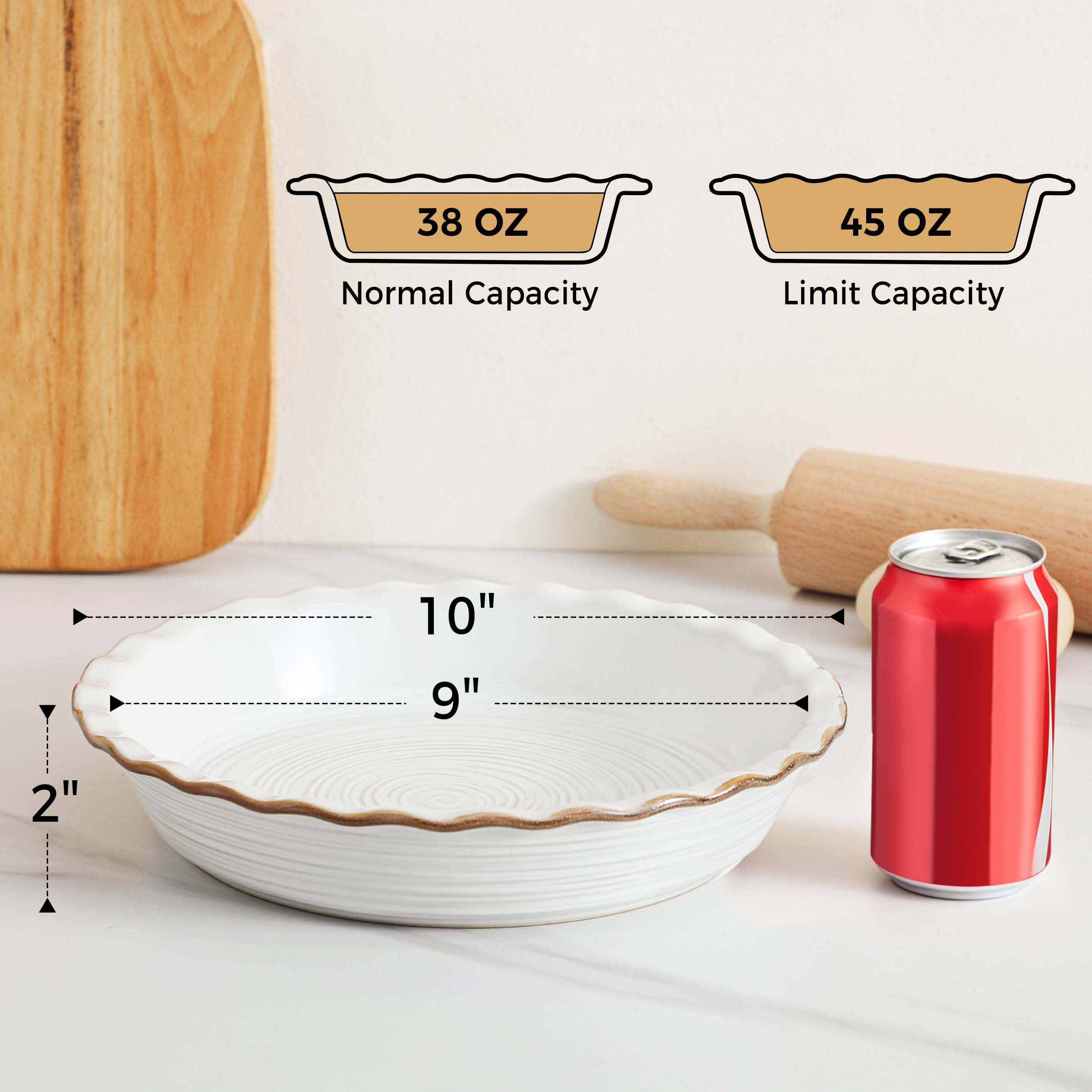 Frewinky Ceramic Pie Pan for Baking, 9 inch Pie Dish with Ruffled Edge, Nonstick Deep Pie Plate, Farmhouse Decor Quiche Tart Baking Dish for Thanksgiving, Microwave & Oven Safe, Set of 2