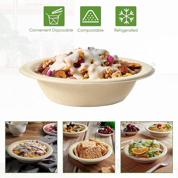 Vplus 200 Pack 12 OZ Compostable Paper Bowls, Bagasse Bowls，Nature