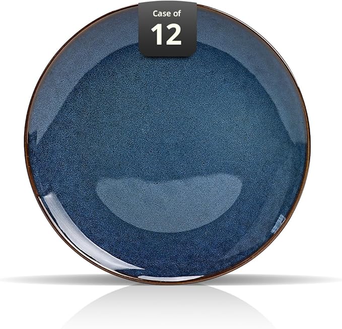 Organic Shape Highland Ceramic Dinner Plates, 12pcs 11.65 Inch Handmade Reactive Glaze Stoneware Plates with Wavy Edge, for Kitchen, Microwave & Dishwasher Safe, Scratch Resistant-Blue