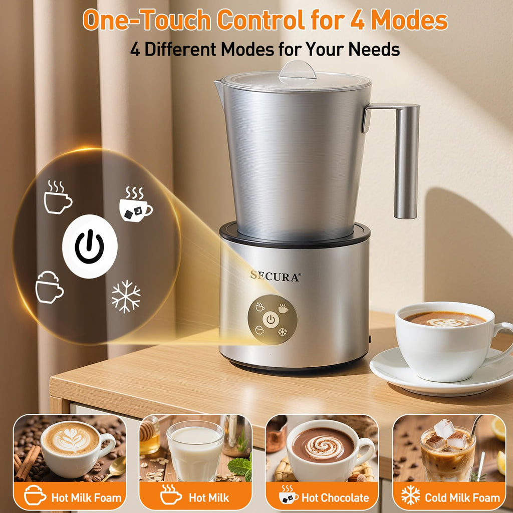 Secura 4-in-1 Electric Milk Frother, 17oz Stainless Steel Jug, Teflon-Free
