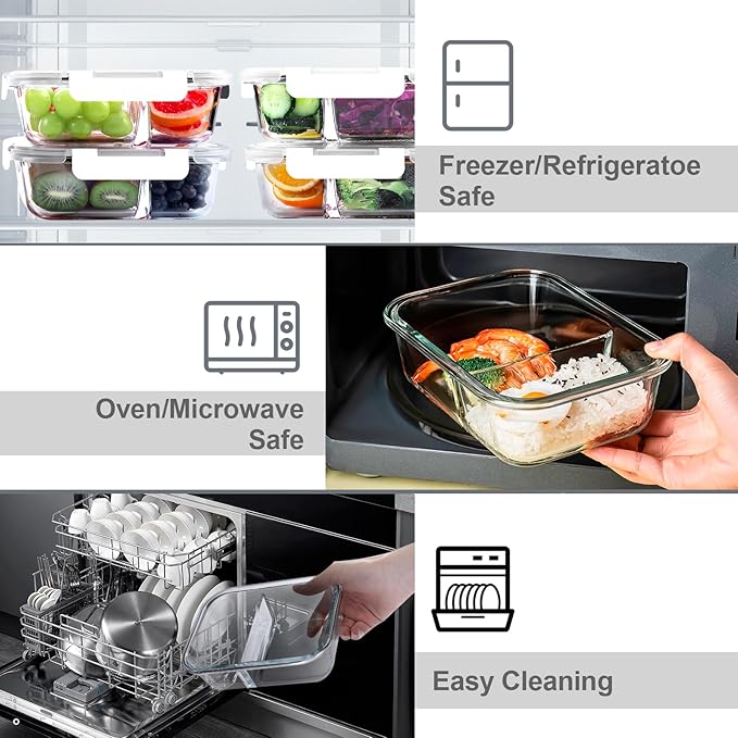 VERONES 5 PACK 36 OZ Glass Food Storage Containers 2 Compartment Set, Wihte