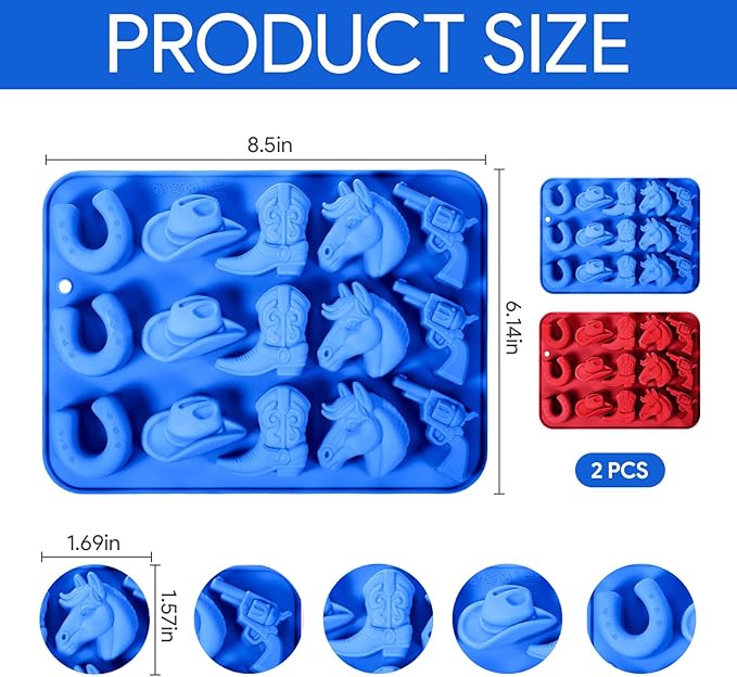 2 PCS Cowboy Chocolate Molds, Cowboy Hat, Boots, Saddle Shaped Cakesicle Molds Silicone, Western Party Theme, For Cupcakes, Cake Pops, Jellies, Chocolates, Candies(Blue,Red)