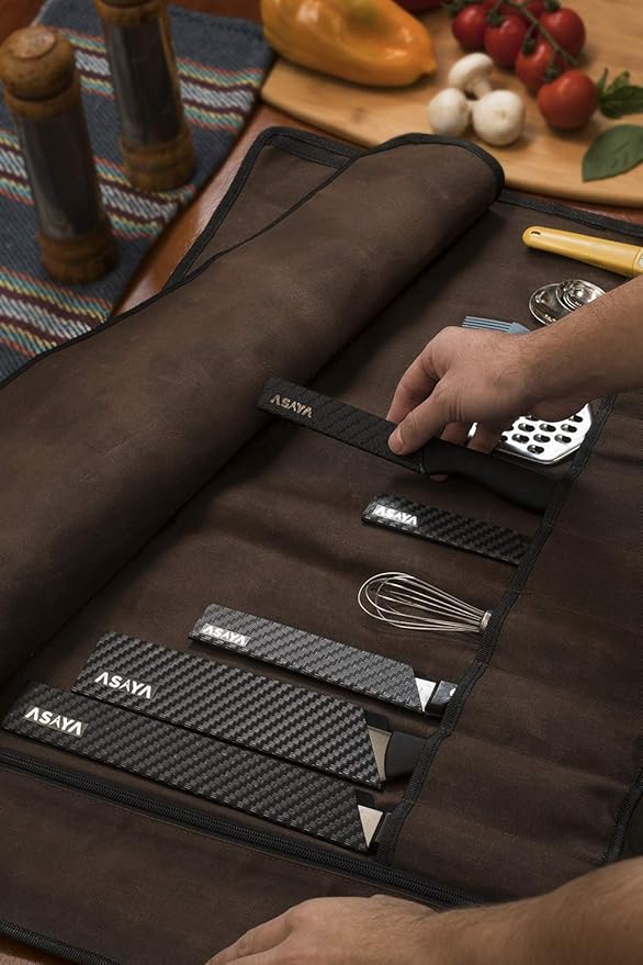 Asaya Waxed Canvas Chef Knife Roll Bag with 10 Slots and a Zipper Pocket - Professional Chef Knife Bag & Storage Case, with Shoulder Strap - Knives Not Included (Brown)