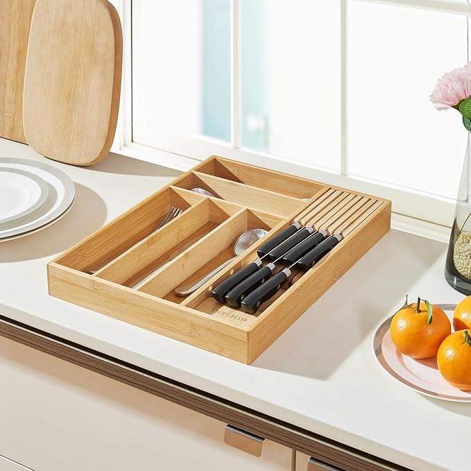 TIOPGHAD Small Bamboo Silverware Organizer Kitchen Utensil Tray, Natural