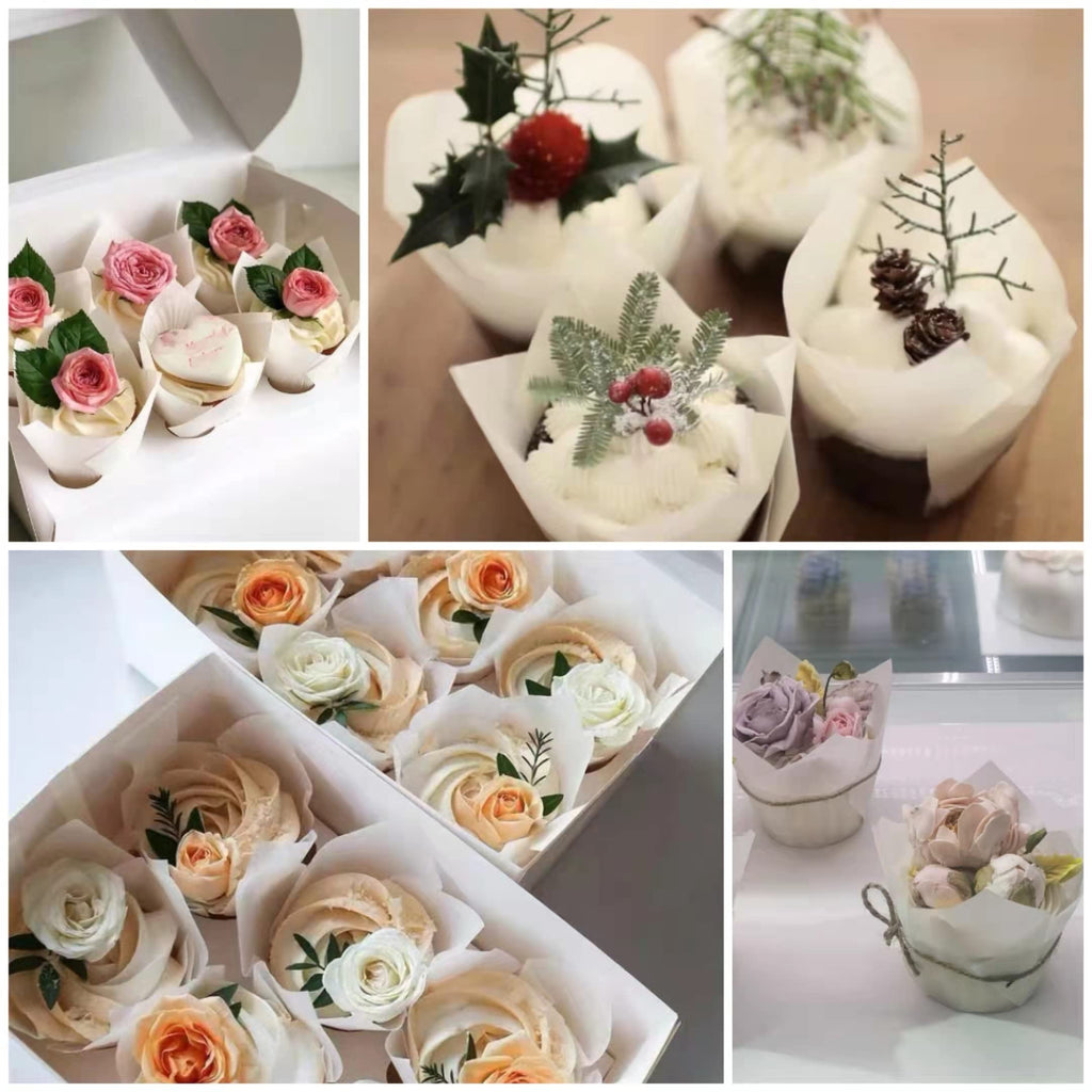 MyBakning Large size White+Brown Tulip Baking Cups 2-1/4"(Base diameter) x 4"(Wall height) Greaseproof paper baking cupcake Muffin liners, Case of 130 pcs