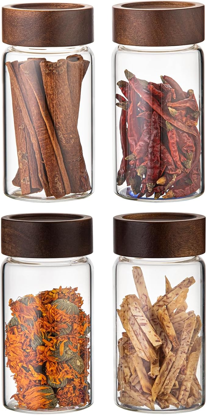 Patoper 8 oz Small Glass Spice Jars with Airtight Wood Acacia Lid 4 PCS,Clear Coffee Ground Storage Canister Round Glass Spice Jar for Pantry Sugar Tea Bean Nuts Cookies Salts Seasoning