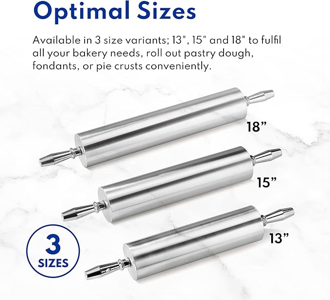 New Star Foodservice 13 Inch Aluminum Rolling Pin, Extra Heavy Duty Restaurant Grade Dough Roller with Rotating Barrel and Handles, Silver