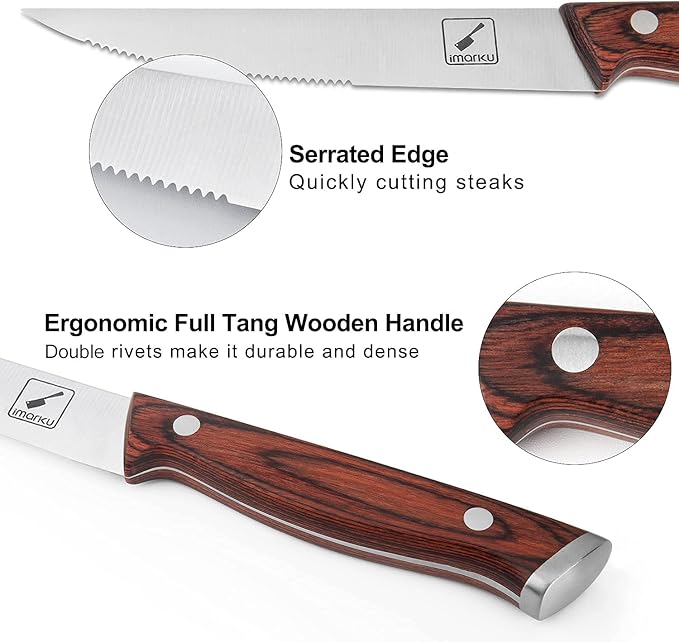 imarku Steak Knives Set of 6, Japanese HC Steel, Serrated, Gift Box