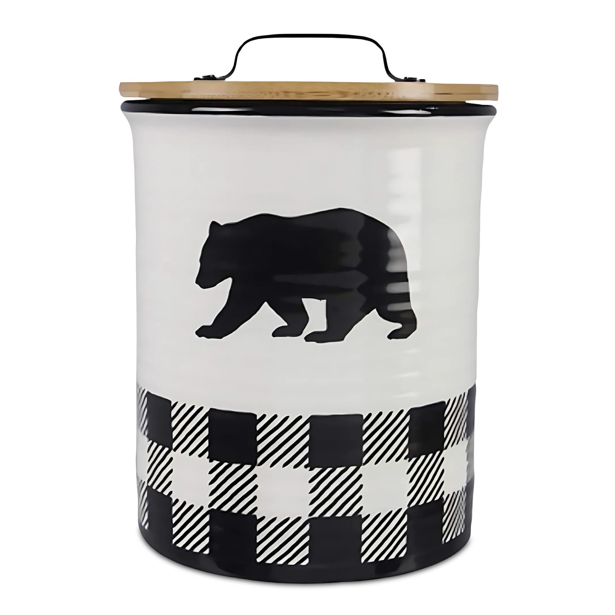 Young's Ceramic Treat Jar with Airtight Lid, Black and White Buffalo Plaid Bear Dog Treat Container, Decorative Cat Food Storage Canister