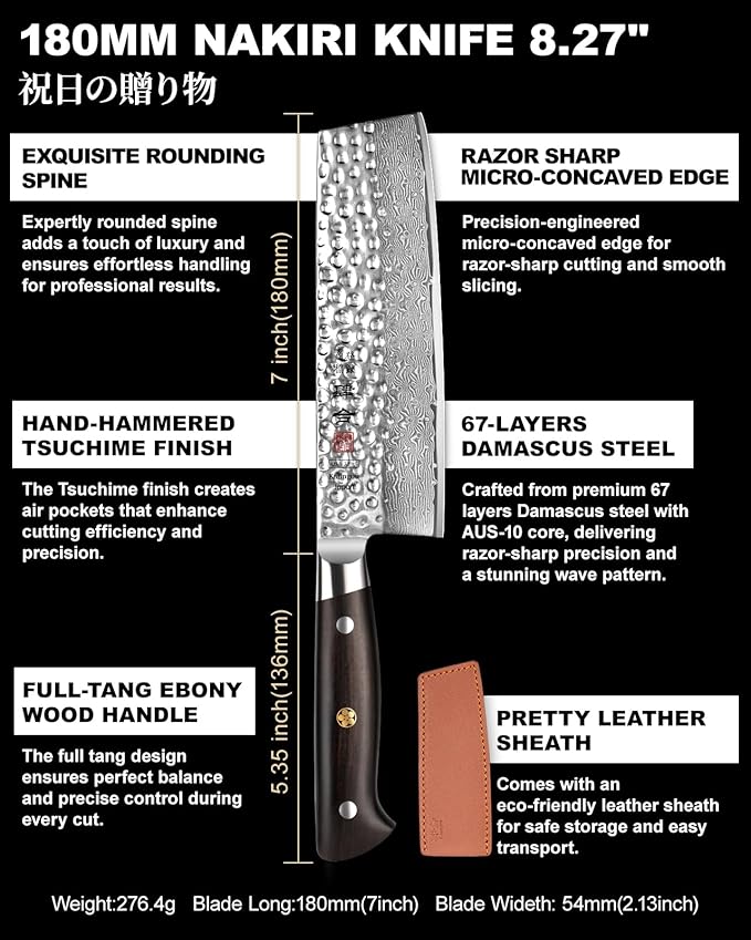 kanngou Japanese Chef Knife Kitchen Knife with 67 Layers Damascus Steel AUS-10 Core, Professional Damascus Knife with Full-Tang Ebony Wood Handle and Premium Gift Box (7 Inch Nakiri Knife)