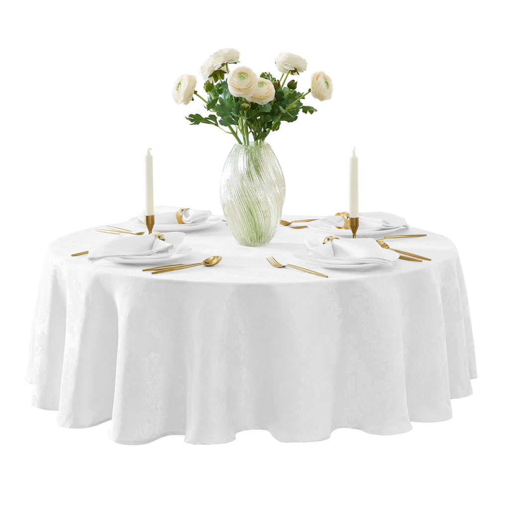 Newbridge Barcelona Luxury Damask Fabric Tablecloth, 70” Round, White, 100% Polyester, No Iron, Soil Resistant Dining Room, Party and Banquet Table Cover