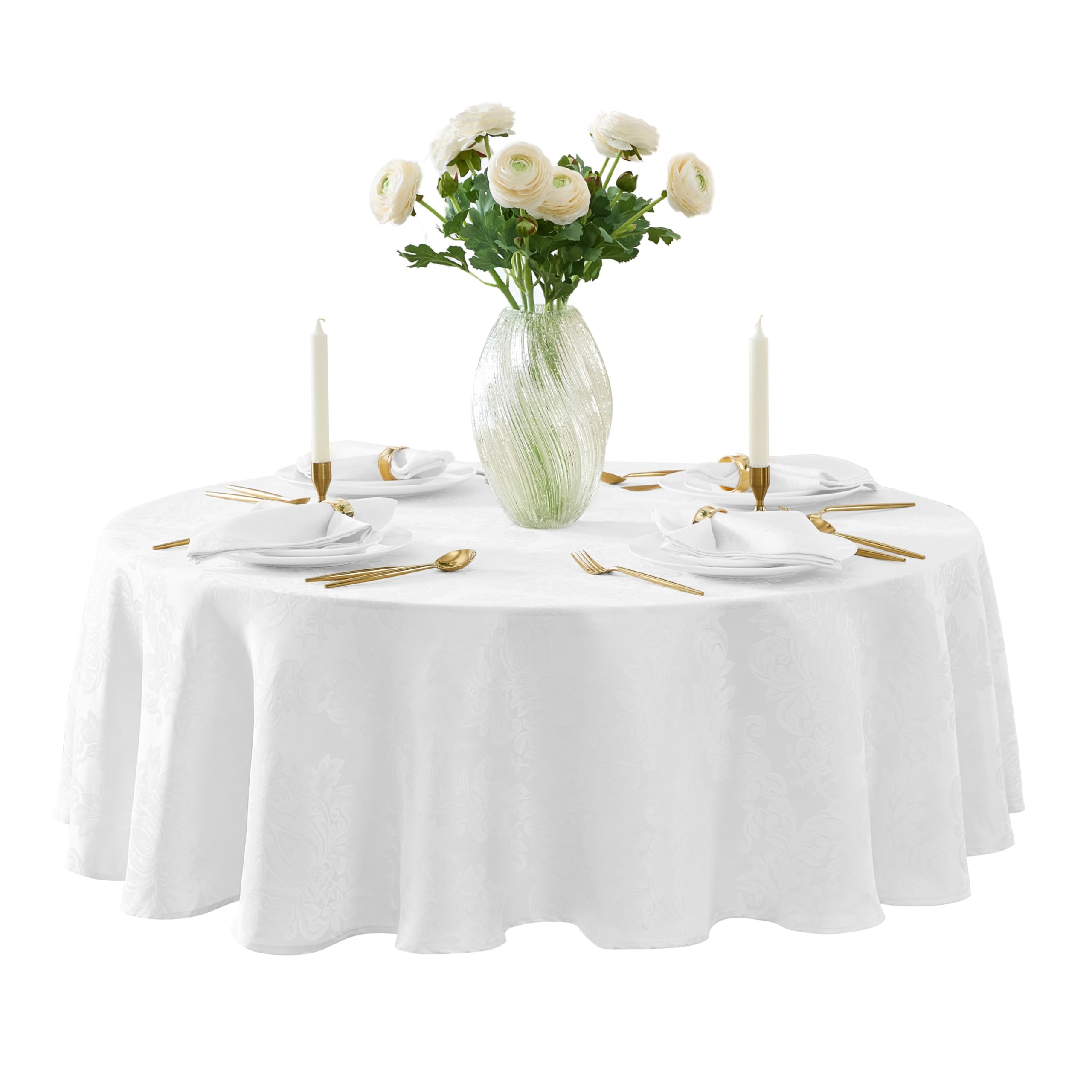 Newbridge Barcelona Luxury Damask Fabric Tablecloth, 70” Round, White, 100% Polyester, No Iron, Soil Resistant Dining Room, Party and Banquet Table Cover