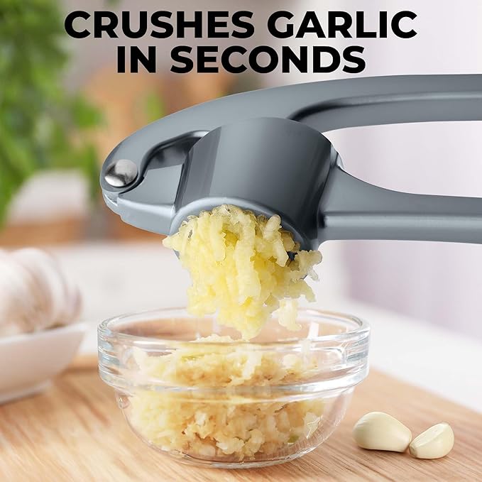 Zulay Kitchen Large Premium Garlic Press Set - Bigger Bowl for Bigger Garlic - Rust Proof Garlic Mincer Tool - Easy-Squeeze, Easy-Clean Silicone Garlic Peeler & Brush (Slate)